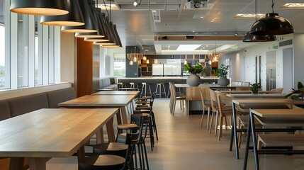 Interior photography of commercial fit out of modern office break out area in open plan office with pendant lighting, sofas and stools, pool table, kitchen, open plan office and staff  : Generative AI