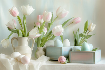 composition Easter eggs painted pastel colors, gift boxes and bouquets of pink and white tulips