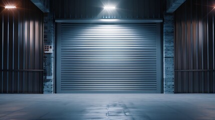 Factory or warehouse or industrial building. Protection with roller door or roller shutter. Modern interior design with concrete floor, steel wall and empty space for industry backgrou : Generative AI