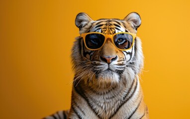 Tiger with sunglasses on a professional background - obrazy, fototapety, plakaty