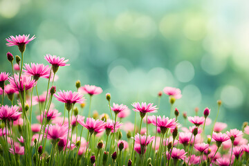 Obraz premium Purple Flowers Field Bokeh green blurred Background 