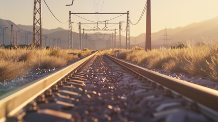 Infrastructure development project with laying of railway tracks equipped with overhead electric poles in parallel to high powered supply lines in dry terrain during summertime : Generative AI