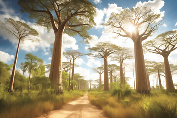 Serene path through a forest of baobab trees, ideal for travel and nature-themed website backgrounds.