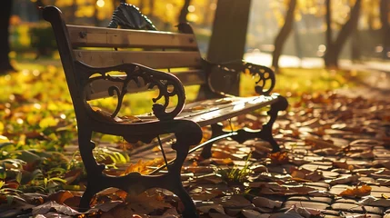 Zelfklevend Fotobehang Bestemmingen Old antique cast-iron retro bench with wooden planks in the autumn park. It's nice to sit down and enjoy the extraordinary natural beauty of the autumn forest. : Generative AI