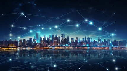 Business illustration: smart city and network connection concept with futuristic technology and urban infrastructure integration

 - obrazy, fototapety, plakaty