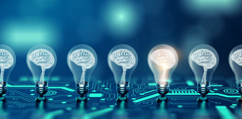 Illuminated light bulb with brain inside in a row. One different glowing on circuit. Business bright idea, Great idea, Innovation, Creativity, Solution, and imagination Concept. 3D Render.
