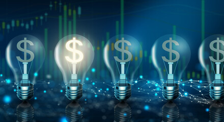 Illuminated light bulb in a row. One different Glowing with dollar sign inside on stock market graph background. Money making idea and Growth of dollar exchange rate Concept. 3D Render.