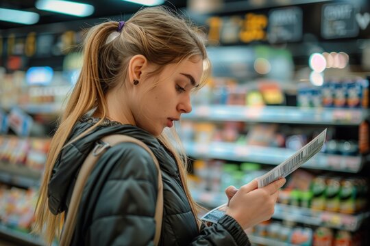 Female shopper looks down at coupon in supermarket, inflation worldwide photo