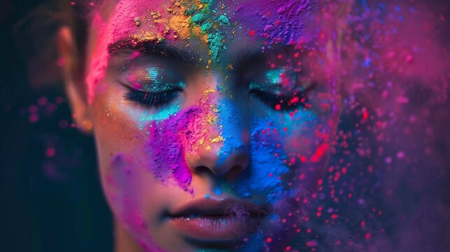 Fashion model girl portrait with colorful powder make up Beauty woman with bright color makeup Closeup of Vogue style lady face Abstract colourful makeup Art design Black background : Generative AI