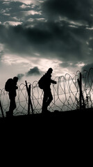 Silhouette of soldiers at dusk near barbed wire, symbolizing conflict, defense and military operations. Ideal for documentaries, editorial content, and historical analysis.