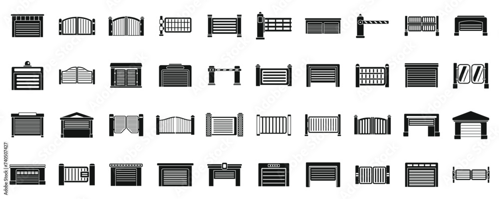 Poster automatic gates icons set simple vector. security car. industrial building gate road