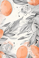 Artistic Easter Eggs with Peach Splashes and Monochrome Leaves Background