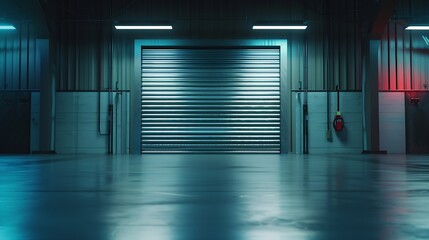 Roller door or roller shutter using for factory, warehouse or hangar. Industrial building interior consist of polished concrete floor and closed door for product display or industry ba : Generative AI - obrazy, fototapety, plakaty