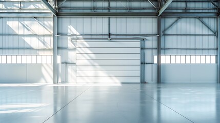 Hangar or industrial building. Protection with security door or roller shutter or overhead door. Interior design with concrete floor, steel structure and empty space for industry backg : Generative AI