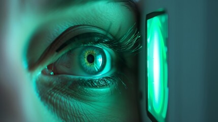 An extreme closeup of a biometric scanner with a travelers eye being carefully scanned for...