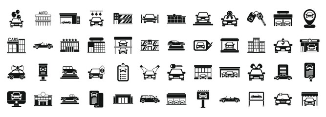 Car showroom icons set simple vector. Building dealer auto. Shop garage
