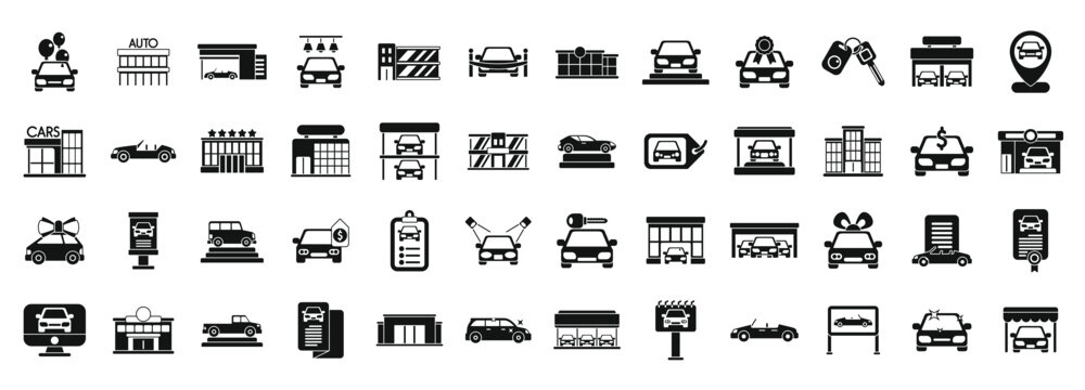 Car showroom icons set simple vector. Building dealer auto. Shop garage