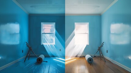 Before and After of Man Painting Roller to Reveal Newly Remodeled Room with Fresh Blue Paint and New Floors. : Generative AI