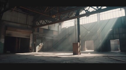Factory workshop with steel structure roof in abandoned industrial area : Generative AI