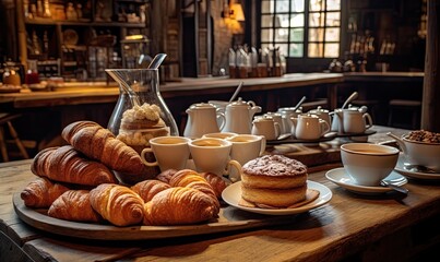 Wooden Table With Assorted Pastries and Cups of Coffee