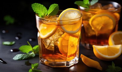 Two Glasses of Iced Tea With Lemon and Mint
