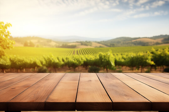 Empty wooden table with garden bokeh for a catering or food background with a country outdoor theme