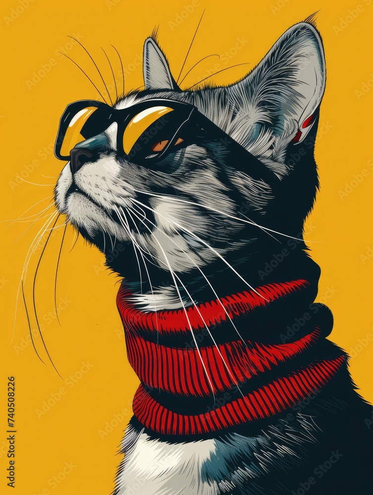 Sticker portrait of cute cat with sunglasses cosplay human, 960s space-age fashion