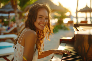 Smiling young woman playing the piano at a holiday resort - Powered by Adobe