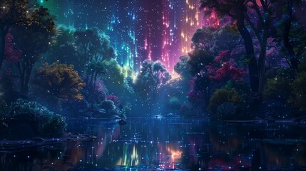 Obraz na płótnie Canvas Colorful night jungle background, a small clearing in the heart of the forest reveals a celestial phenomenon, as colorful auroras shimmer and dance across the night sky