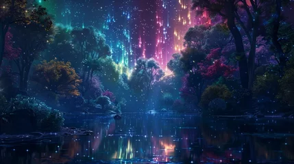 Papier Peint photo Aurores boréales Colorful night jungle background, a small clearing in the heart of the forest reveals a celestial phenomenon, as colorful auroras shimmer and dance across the night sky