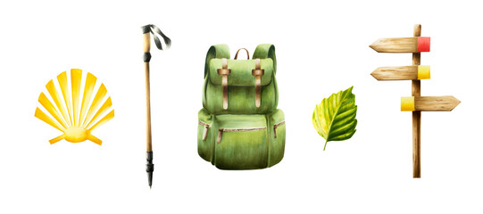Watercolor wooden sign illlustration with hiking and camping backpack, green leaf, ski pole and touristic symbol of the Camino de Santiago route. Direction indicators with arrow isolated on background