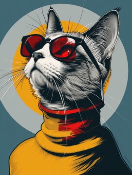 portrait of cute cat with sunglasses cosplay human, 960s space-age fashion
