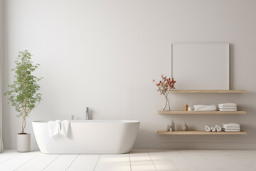 Fototapeta na wymiar White bathroom interior design, undermount washbasin and faucet on white marble counter in modern luxury minimal washroom.