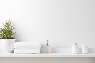 White bathroom interior design, undermount washbasin and faucet on white marble counter in modern luxury minimal washroom.
