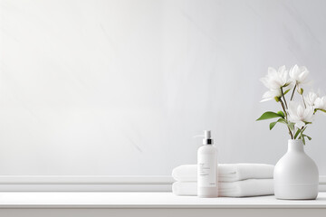 Obraz na płótnie Canvas White bathroom interior design, undermount washbasin and faucet on white marble counter in modern luxury minimal washroom.