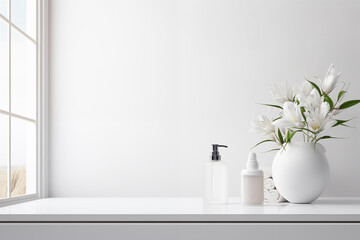 White bathroom interior design, undermount washbasin and faucet on white marble counter in modern luxury minimal washroom. - obrazy, fototapety, plakaty