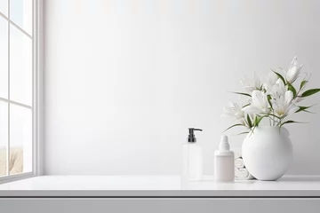 Poster White bathroom interior design, undermount washbasin and faucet on white marble counter in modern luxury minimal washroom. © Tanatpong