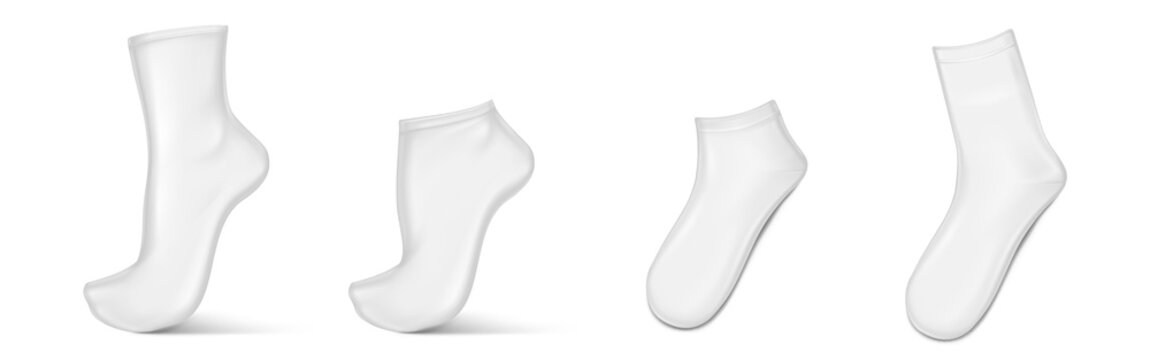 White blank socks of different height 3d mockup. Realistic vector illustration set of low and mid toes on invisible foot and flat lying isolated. Empty simple fabric clothes footwear template.