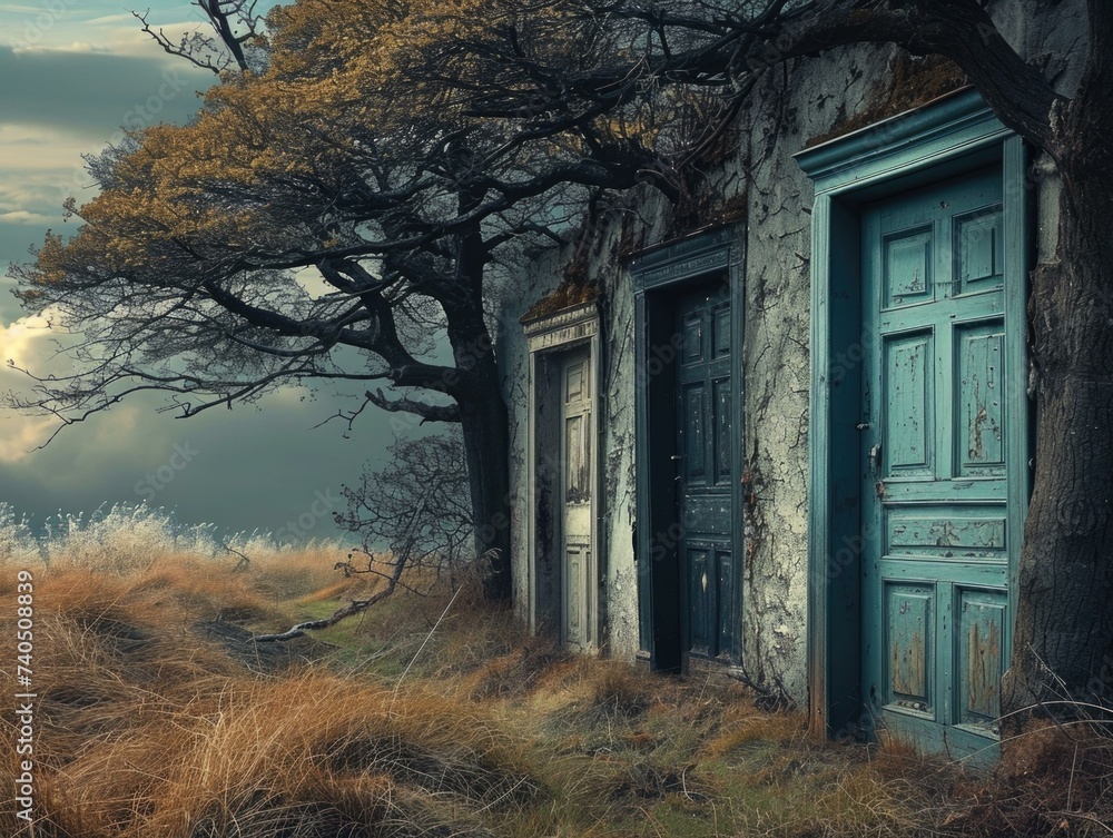 Poster a door is open in front of a house with trees. generative ai.