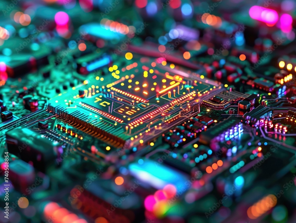 Poster a close up of a circuit board with colorful lights. generative ai.