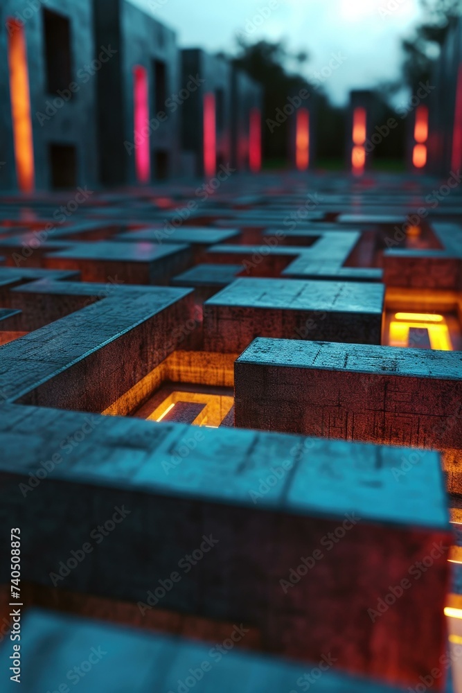 Poster a dark maze with red lights on it. generative ai.