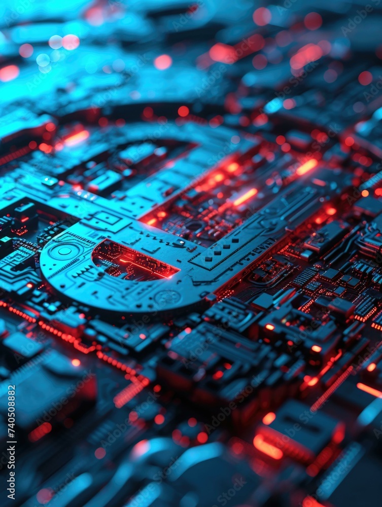 Poster a close up of a computer motherboard with red lights. generative ai.