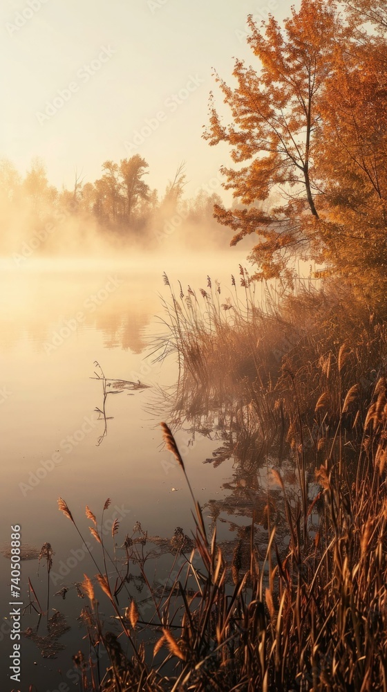 Poster a lake in the middle of a forest with trees and grass. generative ai.