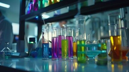 Medicine pharmacy and cosmetology concept Unrecognizable scientist manufacturing natural organic healthy cosmetics in laboratory standing at desk with glass tubes filled with colored l : Generative AI - obrazy, fototapety, plakaty
