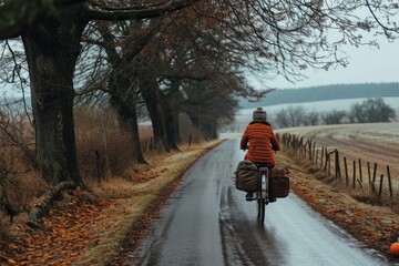 Fototapeta premium A person riding a bike down a road. Generative AI.