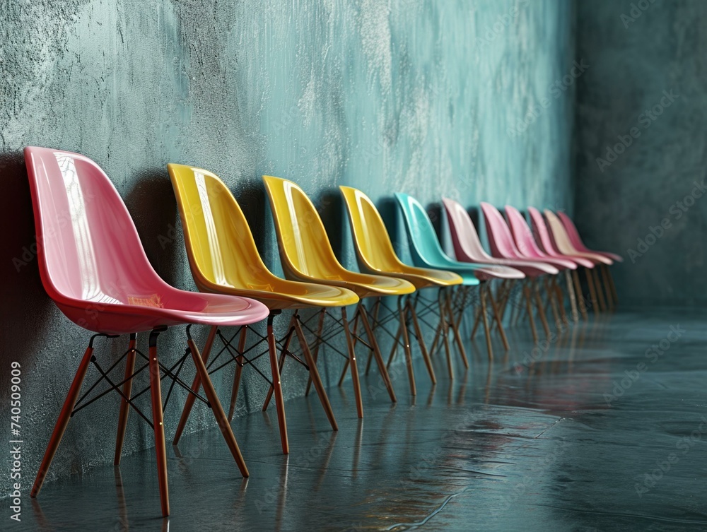 Poster a row of colorful chairs in a row. generative ai.