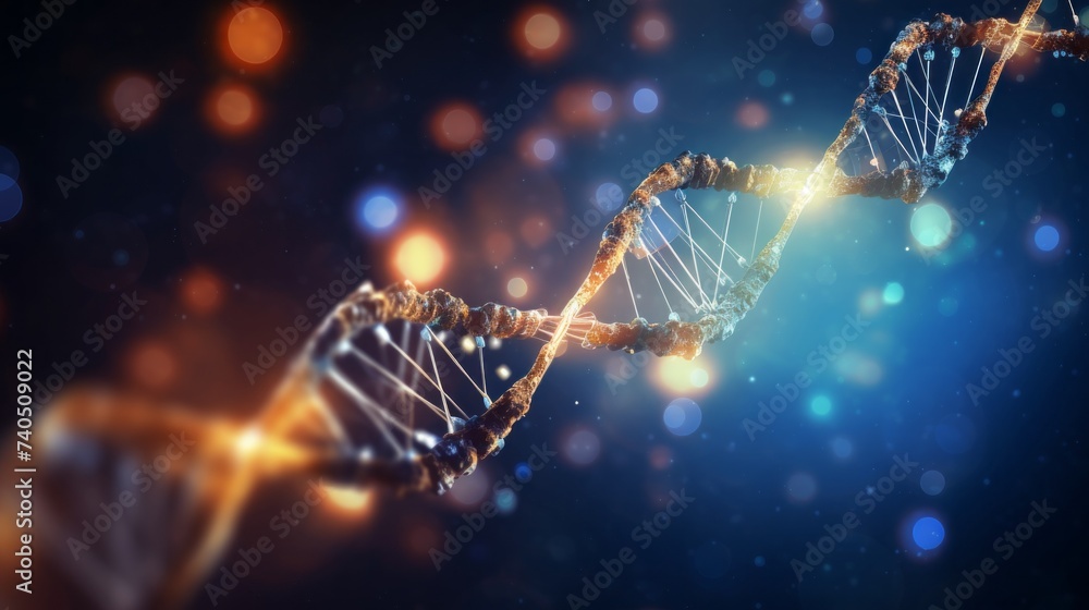 Poster abstract background is a dna spiral with molecules and atoms, neurons under a microscope. genetic en