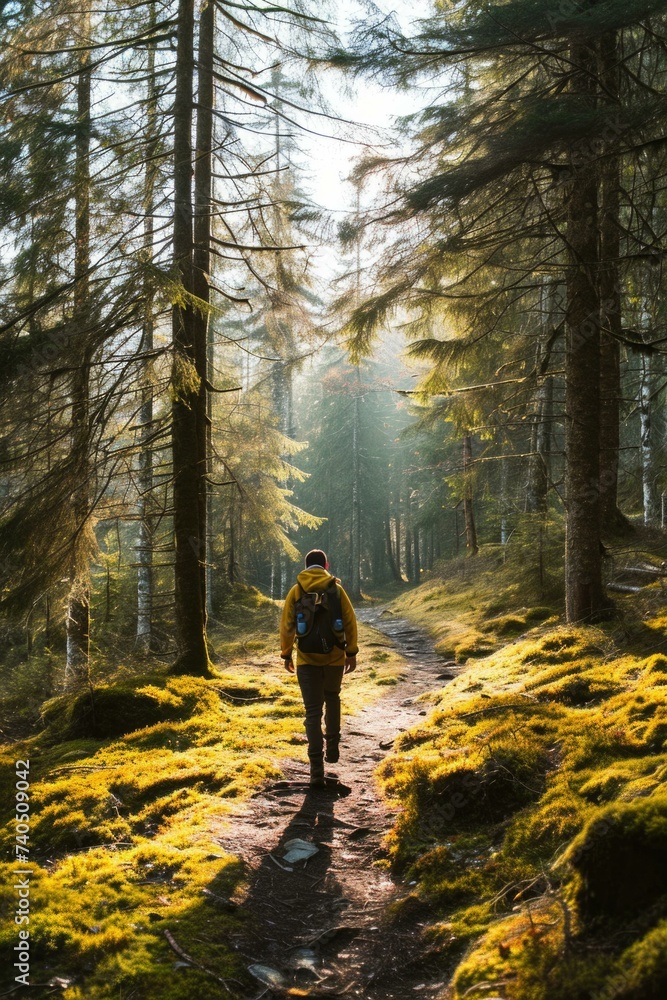 Poster Man walking through forest with sun shining through trees. Generative AI.