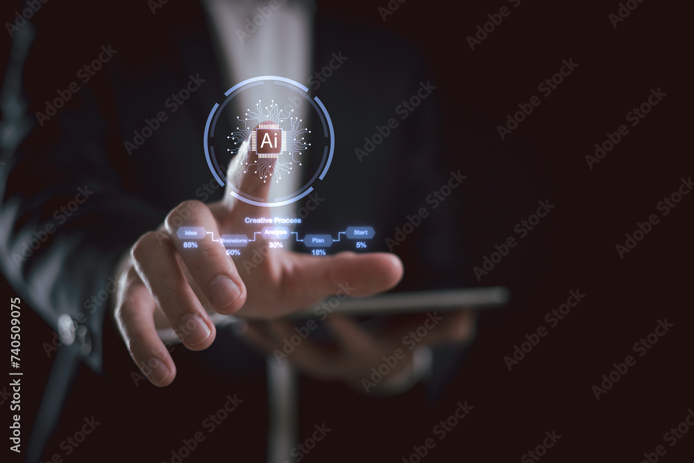 Poster ai learning and artificial intelligence concept. technology and people concept man use ai to help wo