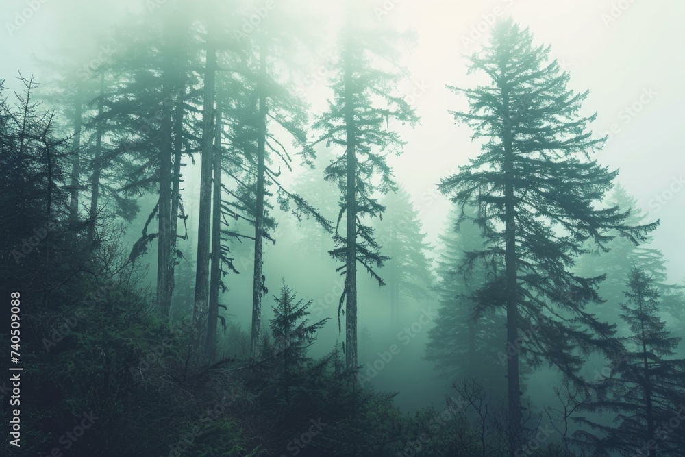Poster a forest with tall trees in the fog. generative ai.